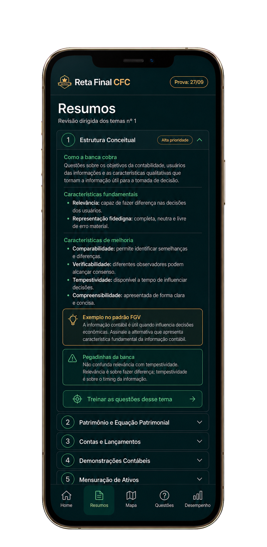 App Reta Final CFC na aba Resumos: revisão dirigida do tema Estrutura Conceitual, com pegadinhas da banca e treino por tema