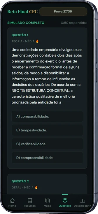App Reta Final CFC na aba Questões, com treino e comentários por alternativa